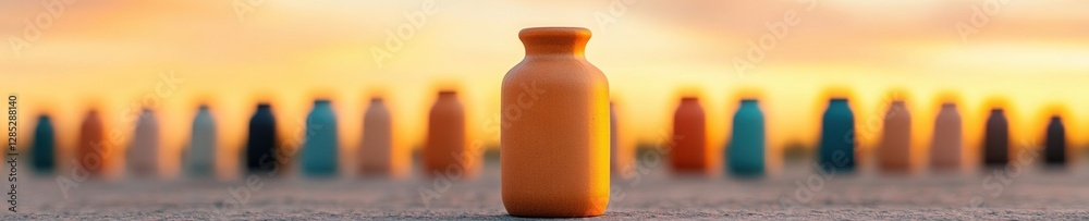 Aufkleber gradient sunset on minimalist ceramic bottles sunkissed texture display in soft focus modern adverti