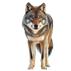 Fototapeta premium wild hungry angry adult wolf full length looking at camera with menacing look, isolate on transparent white background