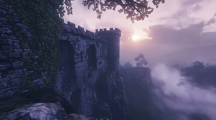 A historic castle perched atop a dramatic cliffside, thick mist swirling around the ancient walls, a majestic view of the surrounding valleys, ancient stones, twilight lighting, a sense of mystery 