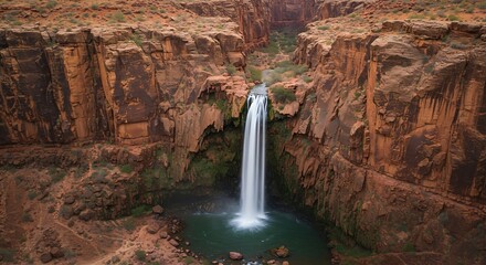 A cool, misty waterfall tucked away in a rocky desert canyon.