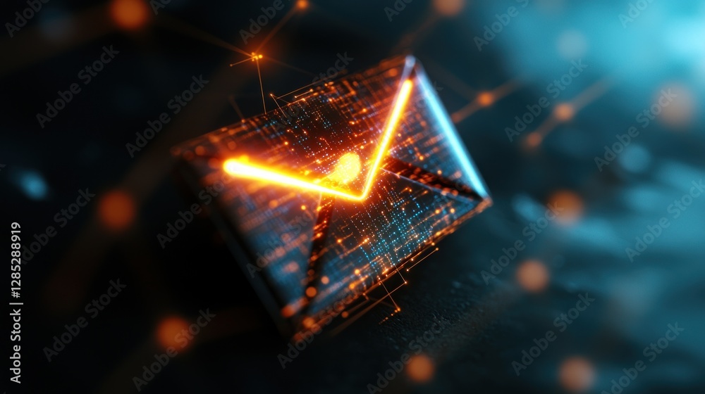 Sticker futuristic glowing envelope icon symbolizing digital communication and connectivity