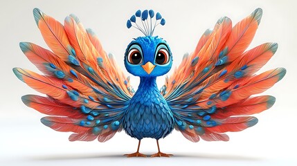 Obraz premium Vibrant cartoon peacock displaying feathers digital art whimsical studio