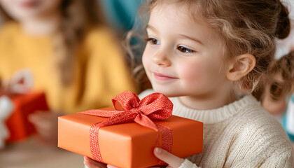 Girl holding gift, smiling, friends background, Christmas party