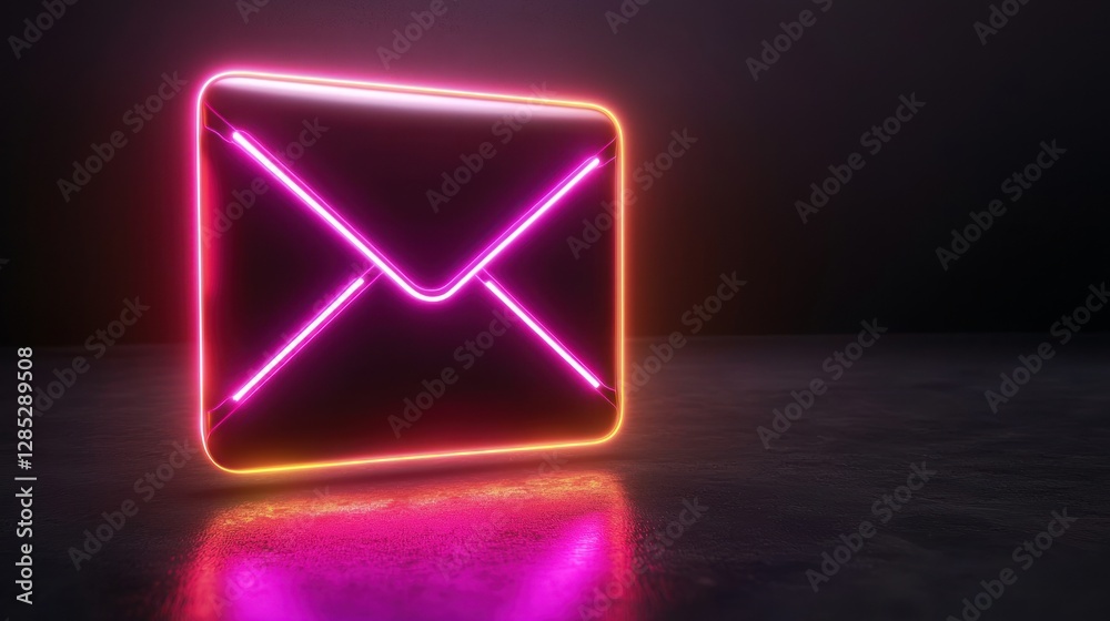 Poster neon glow envelope icon on a reflective surface, symbolizing digital communication and connection