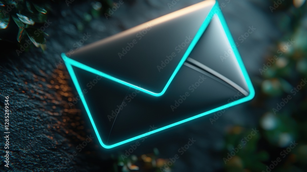 Canvas Prints glowing envelope on a textured surface surrounded by greenery, symbolizing digital communication