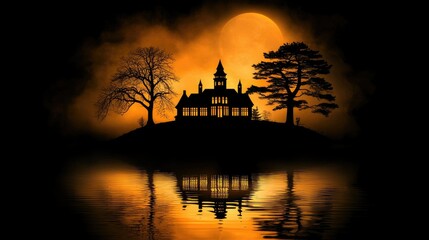 Haunted Mansion Silhouette Underneath Orange Moon