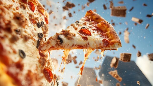 Urban Pizza Dreams Giant Deep Dish Delight for National Deep Dish Pizza Day - Surreal Cityscape with Cheesy Texture for Creative Food Marketing and Spring Event Design - Powered by Adobe