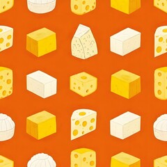 Obraz premium Seamless Cheese Pattern – Melted Cheese, Cheese Wheels, and Shredded Cheese on Yellow Background