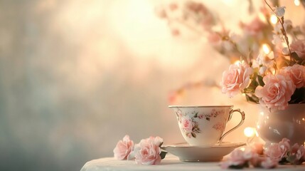 Vintage tea party celebration, elegant cups raised in toast, delicate floral tableware, soft pastel colors, joyful ambiance