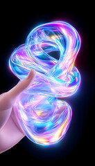 Naklejka premium Glowing spirals held in hand, dark background, science concept