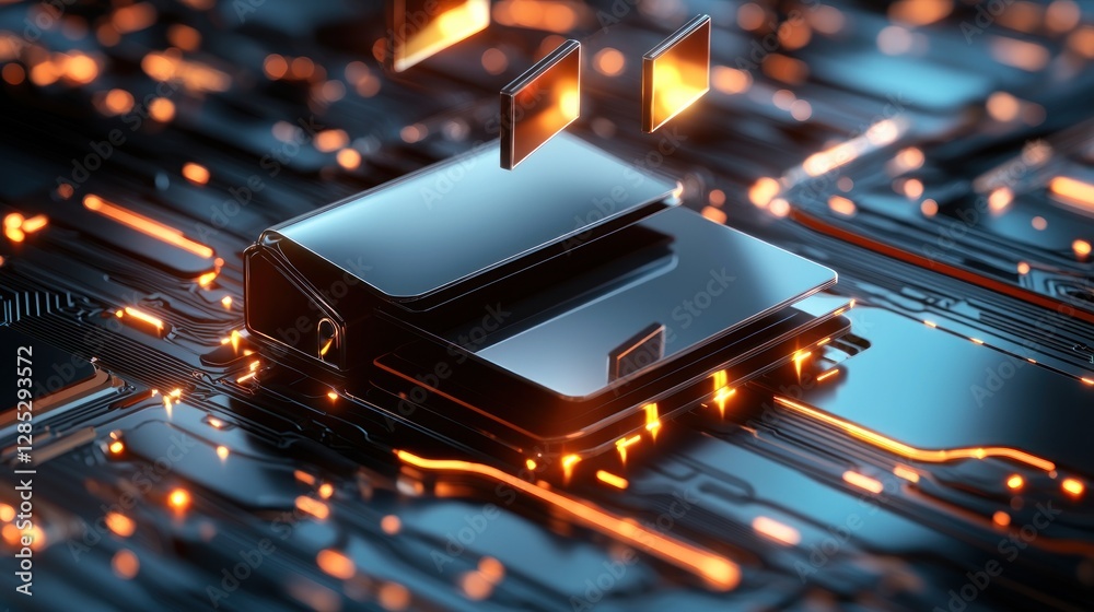 Poster futuristic black device on a glowing circuit board with orange lights and data transfer elements