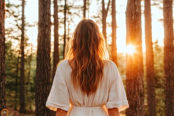Mindful Spring Strolls Sustainable Linen Dress in Golden Forest Light - Take a Walk in the Park Day and Earth Day Wellness Retreat Marketing