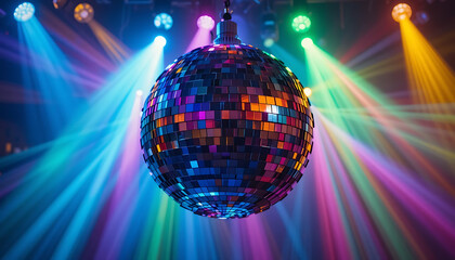 Colorful disco mirror ball nightclub sphere light  - obrazy, fototapety, plakaty