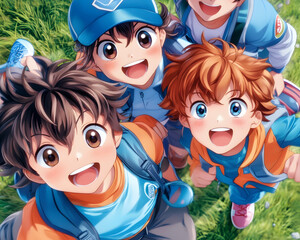 Happy boys smiling outdoors, grassy field background, friendship illustration