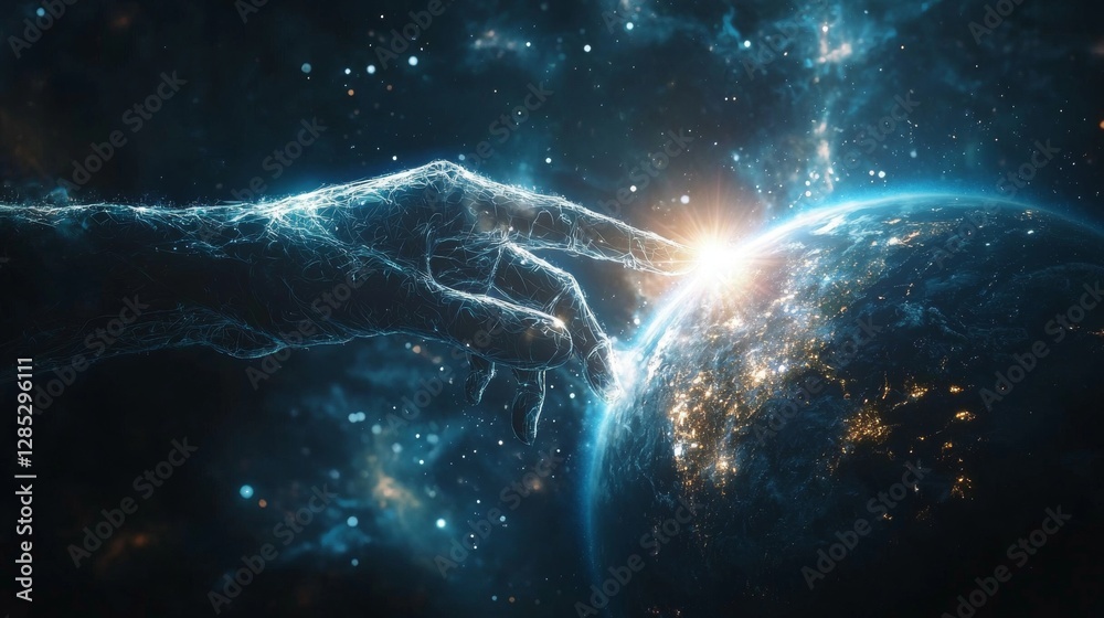Wall mural hand reaching earth, digital art symbolizing global connection and innovation