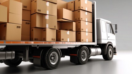 Naklejka premium Delivery truck loaded with cardboard boxes, parked in a modern warehouse setting, with soft lighting