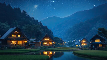 Fototapeta premium A Japanese village at night is illuminated by a starry sky and surrounded by rice fields.