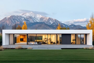 Modern House with Large Windows Set Against Mountain Range