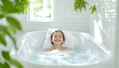 Obraz premium Happy girl relaxing in bubble bath, bright bathroom, plants