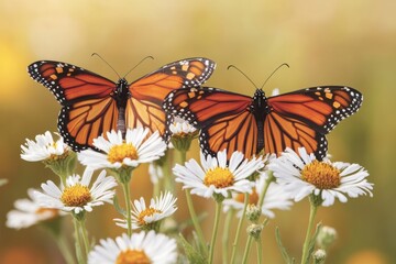 Fototapeta premium Eco-Chic Earth Day Monarch Butterflies on Wildflowers for Spring Environmental Campaigns and Biodiversity Education in Nature-Inspired Visual Marketing