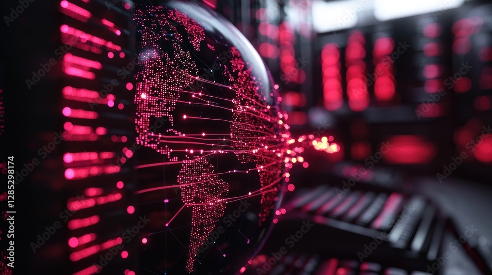 Wall mural abstract digital globe with glowing connections, set in a high-tech environment, showcasing data flo