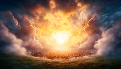 Heavenly army, fiery sky, hope, faith, battlefield