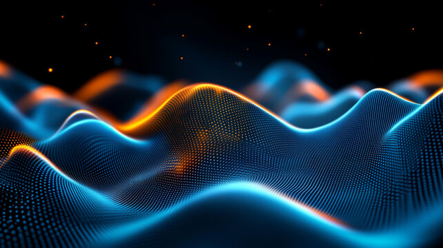 vibrant abstract digital wave of particles pulsating in blue and orange hues, creating mesmerizing visual effect