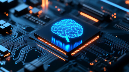 vibrant blue neural node symbolizes technological advancement on circuit board