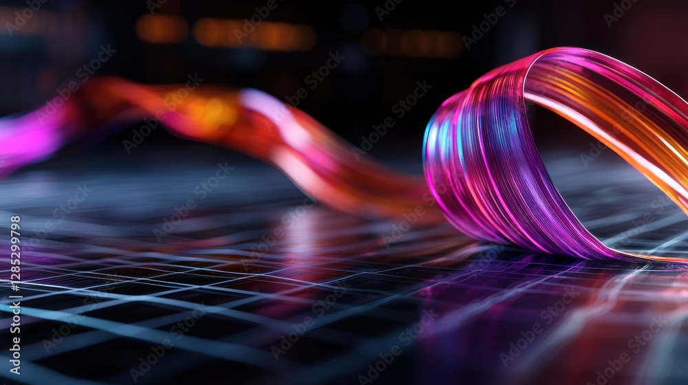 Wall mural colorful flowing ribbons of light winding over a dark grid, creating a dynamic visual effect