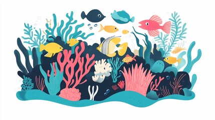 Vibrant underwater scene with colorful coral and fish in a whimsical illustration style