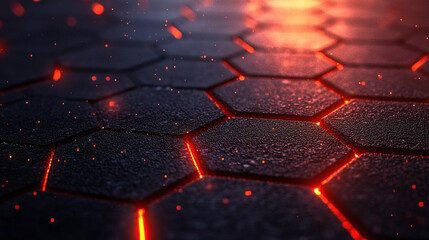A sleek modern background featuring dark hexagonal carbon fiber texture illuminated with vibrant red luminous lines, creating a high-tech, futuristic aesthetic.

