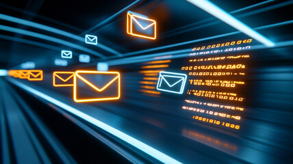 Digital tunnel with glowing email icons and binary code