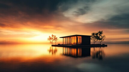 Fototapeta premium Floating eco-homes on a serene lake, harmonizing with nature, showcasing innovative and sustainable living solutions.
