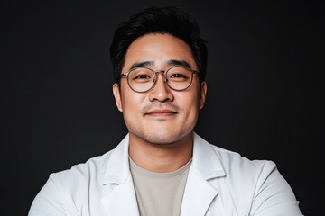 Obraz premium Young Asian man in professional attire with glasses smiling confidently against black background