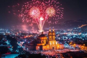 Obraz premium Fireworks exploding over the Cathedral of San Miguel de Allende during a religious celebration
