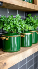 Kitchen herb garden in green pots on wooden shelf