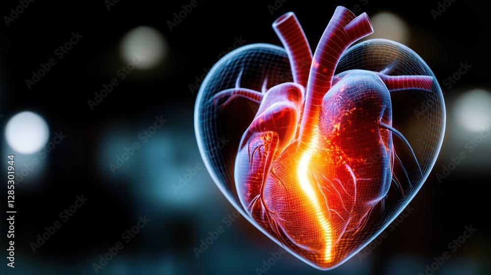 Poster 3d visualization of a heart with luminous effects against a blurred background