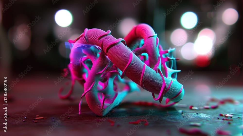 Poster abstract colorful sculpture intertwined with dynamic shapes on a blurred urban background