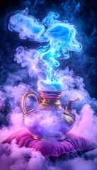 Magical genie emerging from ornate teapot on pillow