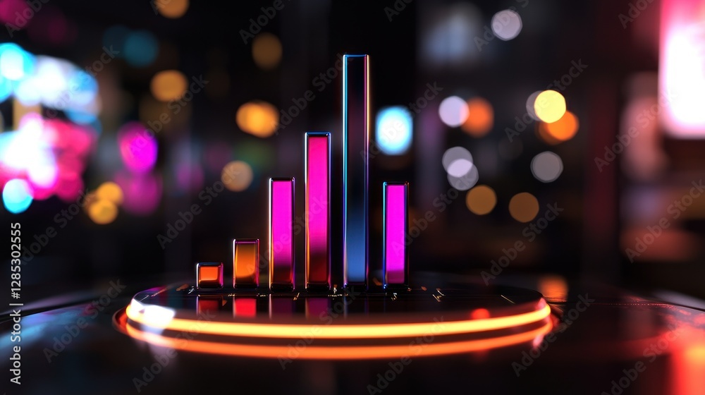 Canvas Prints colorful audio visualization with glowing bars on a reflective surface in a vibrant urban setting