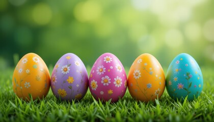 Fototapeta premium Colorful Easter Eggs with Floral Patterns on Bright Green Grass for Spring Celebration and Holiday Decoration