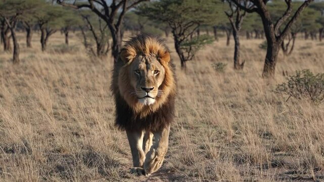 A majestic lion walks through the savannah, captured in a low-angle shot, emphasizing its power. The video highlights the vast, open landscape.