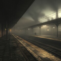 Fototapeta premium Foggy Train Station with Vintage Architecture in Mysterious Atmosphere
