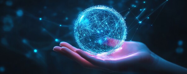 A hand gently holding a glowing digital sphere, representing AI agent intelligence and seamless connectivity, intricate neon patterns, futuristic vibes, clean modern design
