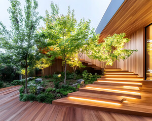 Fototapeta premium Modern home's illuminated wooden staircase, garden