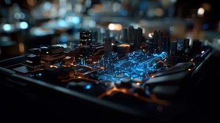 Futuristic cityscape model featuring illuminated circuitry and skyscrapers in a tech environment