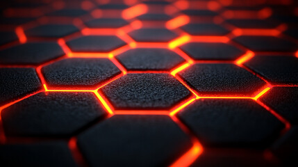 Obraz premium A sleek modern background featuring dark hexagonal carbon fiber texture illuminated with vibrant red luminous lines, creating a high-tech, futuristic aesthetic.