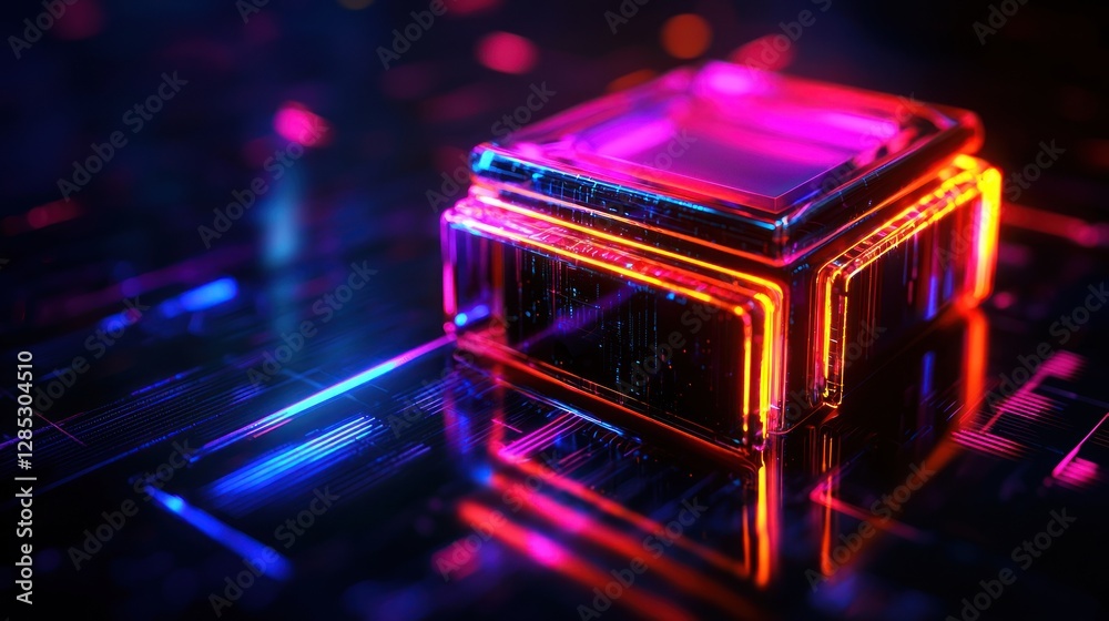 Canvas Prints a vibrant, glowing cube surrounded by a colorful, digital circuit board in a futuristic setting