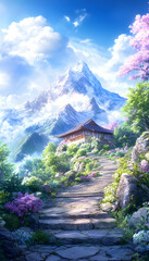 Mountaintop temple path, spring blossoms, serene landscape, ideal for travel brochures