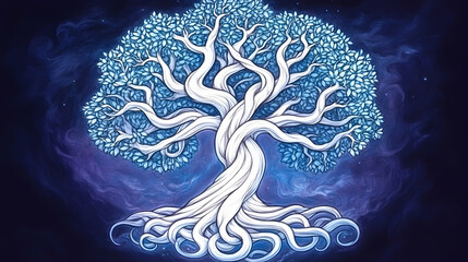 Mystical blue tree art, cosmic background, fantasy illustration, album cover